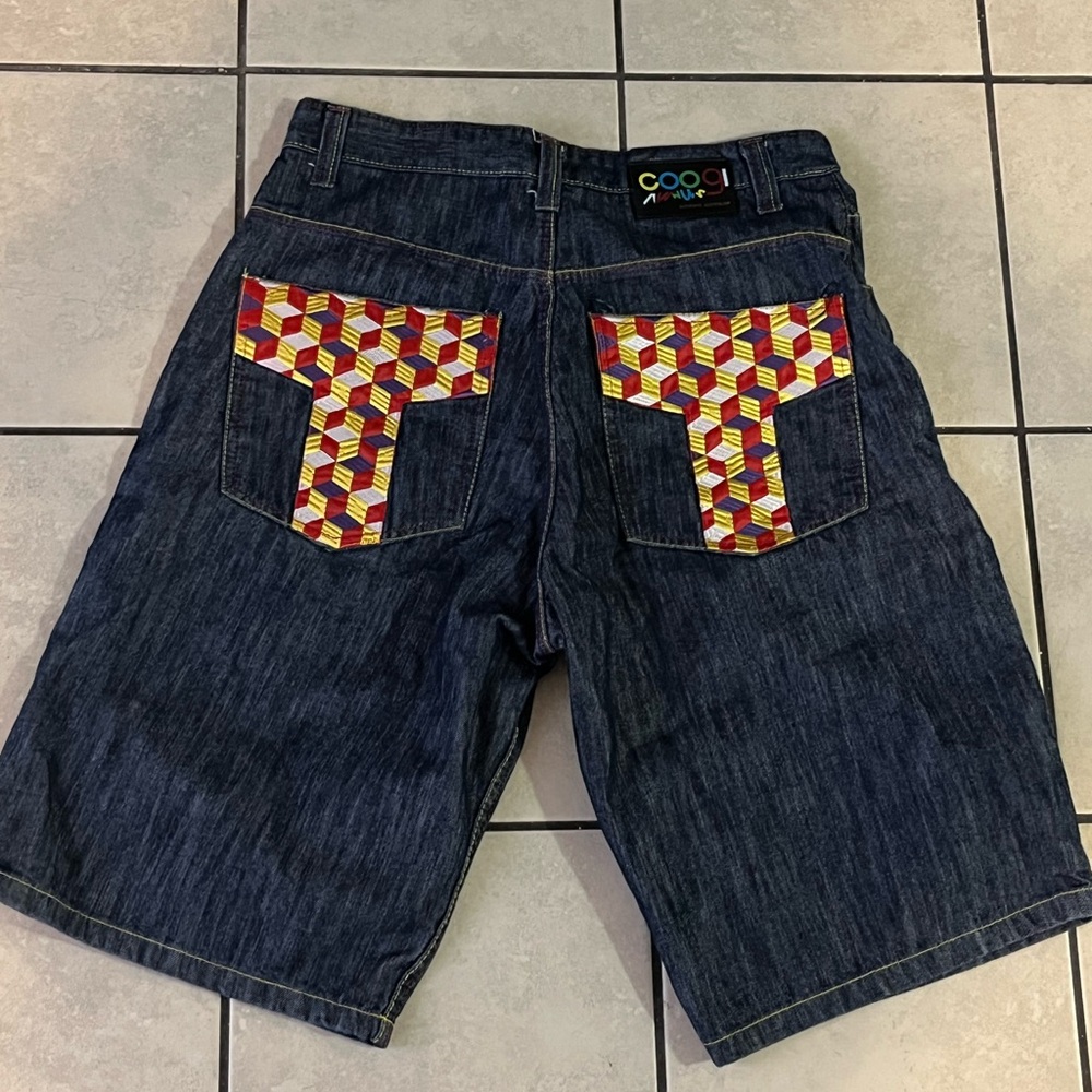COOGI Denim Shorts with Red and Yellow Geometric Design vintage